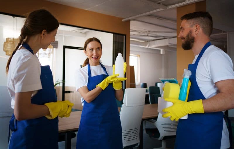 Equipe de serviços de limpeza profissional trabalhando em um escritório